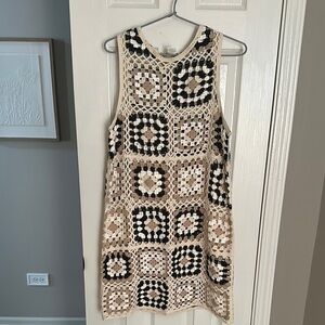 House of Harlow Crochet Sleeveless Dress in Black and Cream
